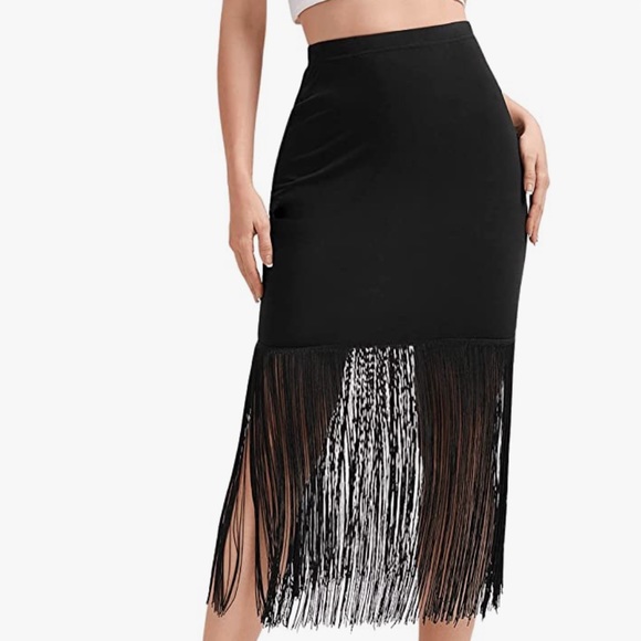 Dresses & Skirts - Black Fringe Hem Midi Skirt